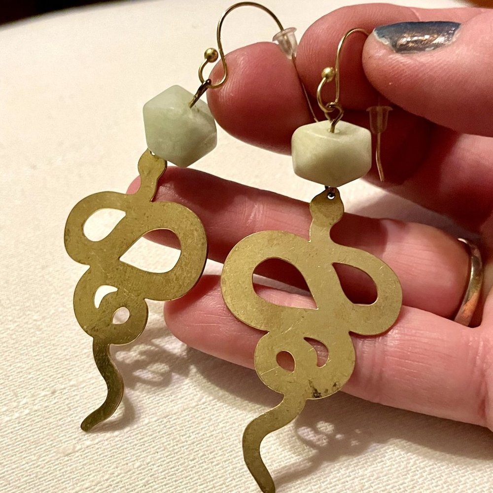 Artisan Brass Snake Dangly Earrings - Picture 5 of 5